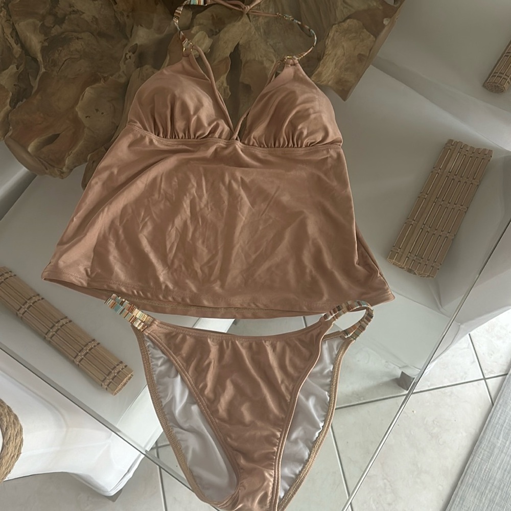 Nude tan two piece swim bikini set. Tags removed but is a large.